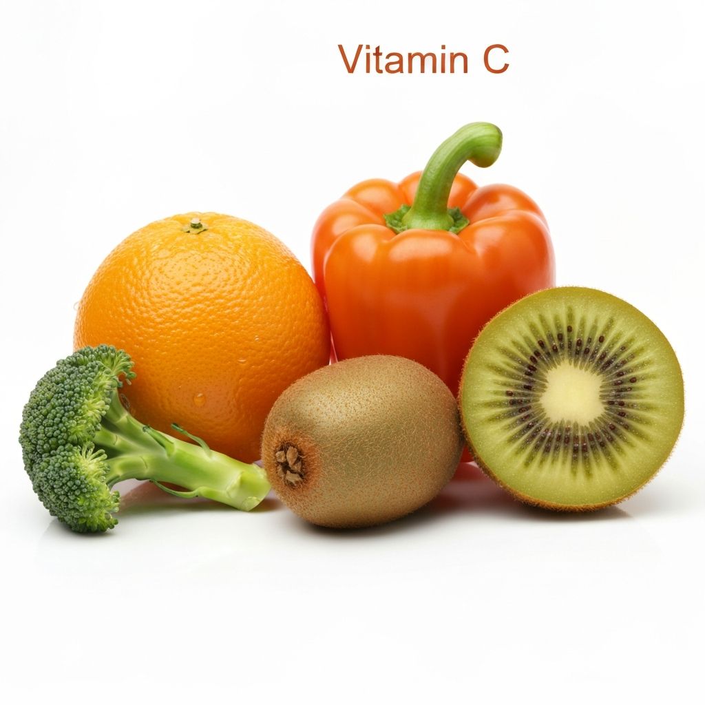 Vitamin C rich foods including citrus, peppers, and broccoli